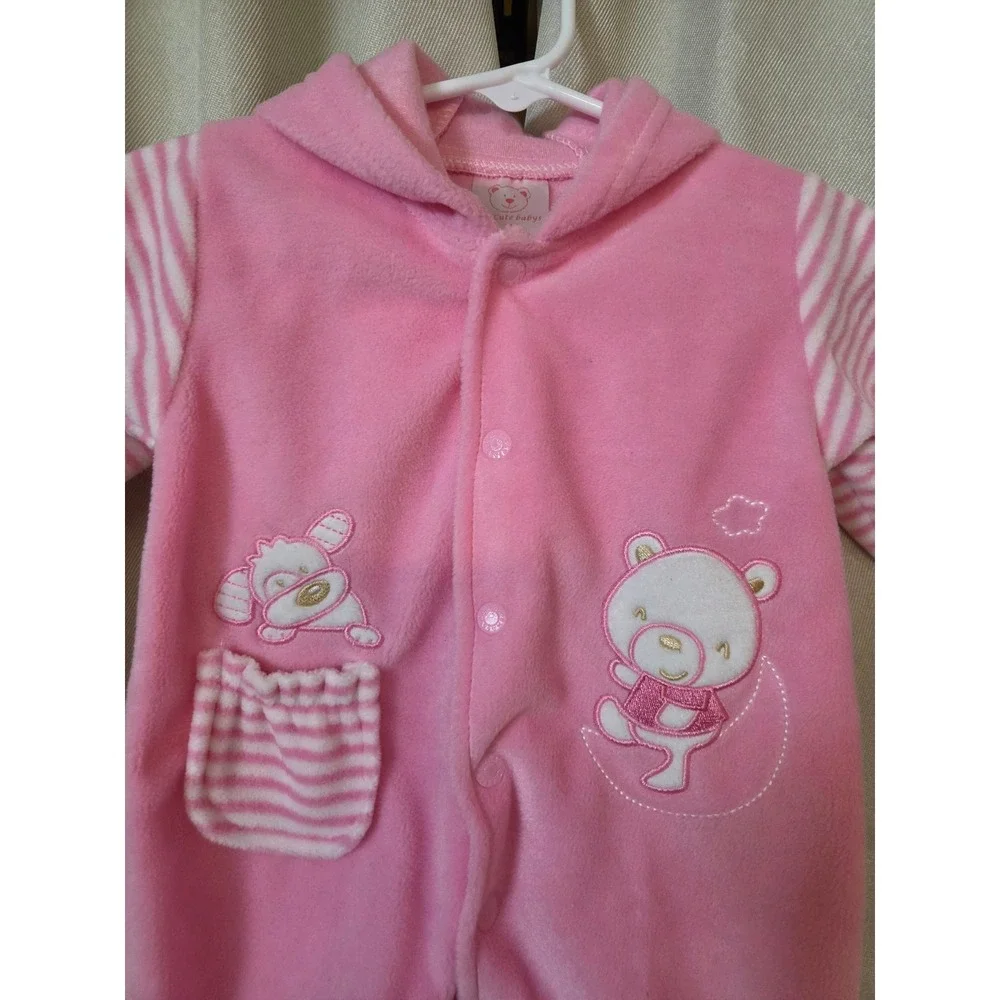 The Cute Babys Pink Fleece Bear Footed Hooded Sleeper 3-6M Striped Sleeves